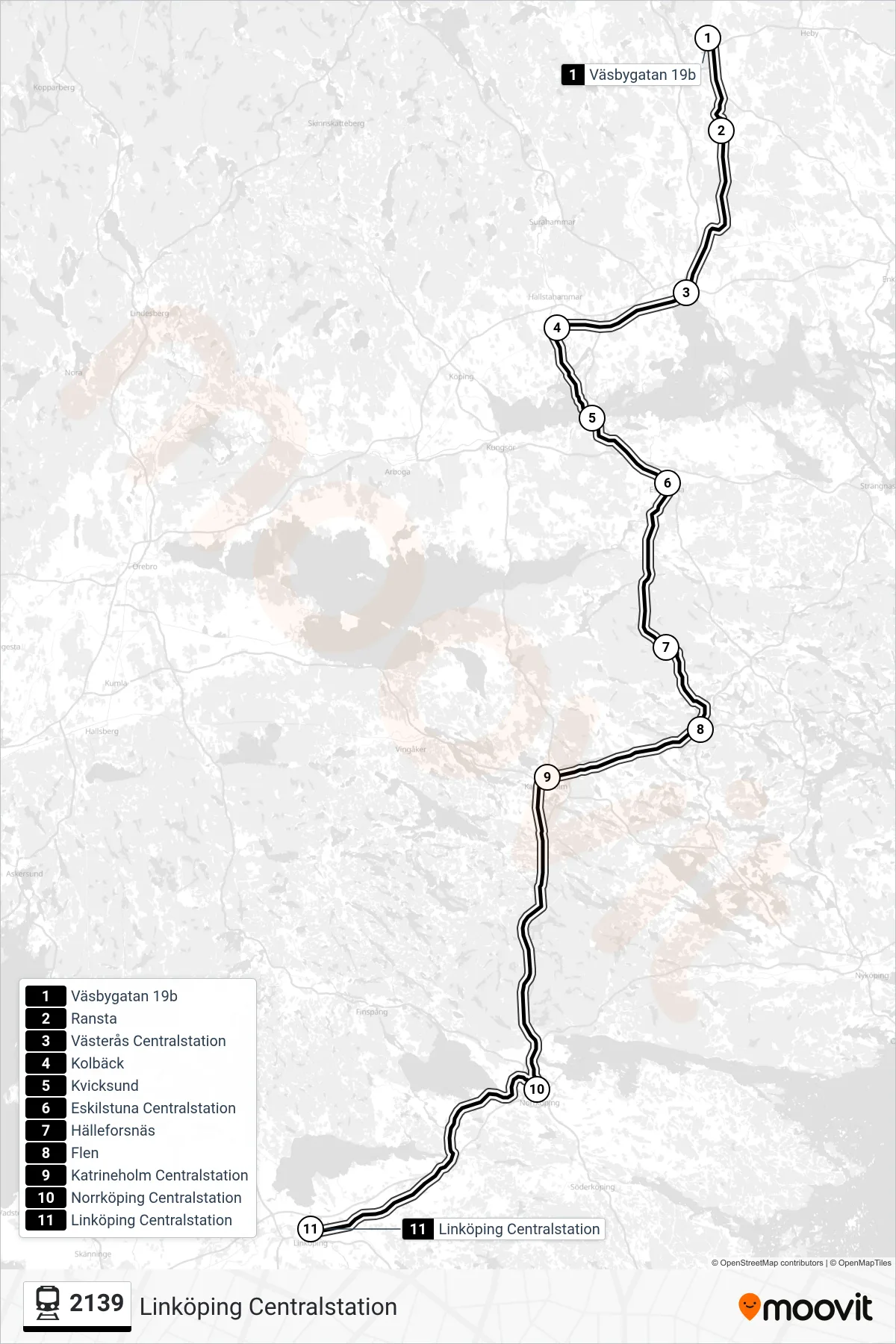 Rutt och hållplatser på karta för linje 2139 tåg, (Linköping Centralstation)