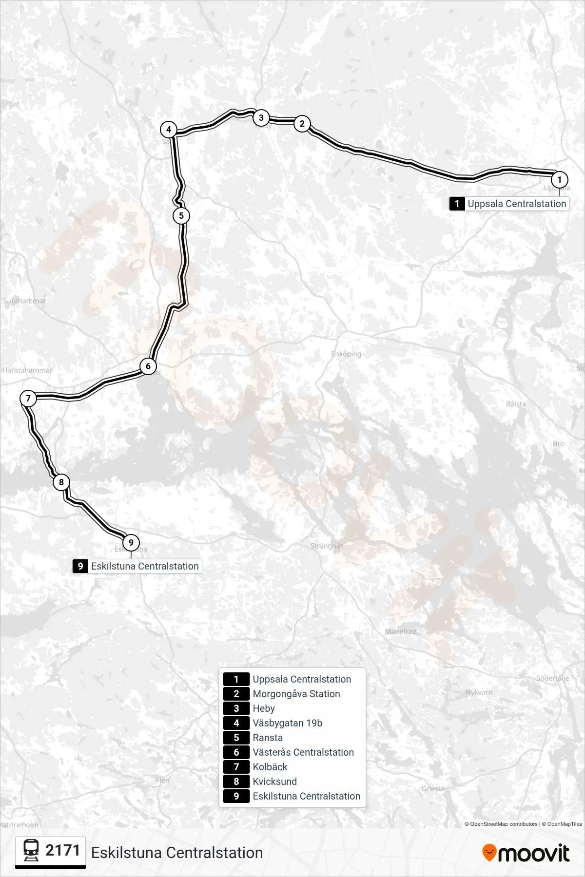 Rutt och hållplatser på karta för linje 2171 tåg, (Eskilstuna Centralstation)