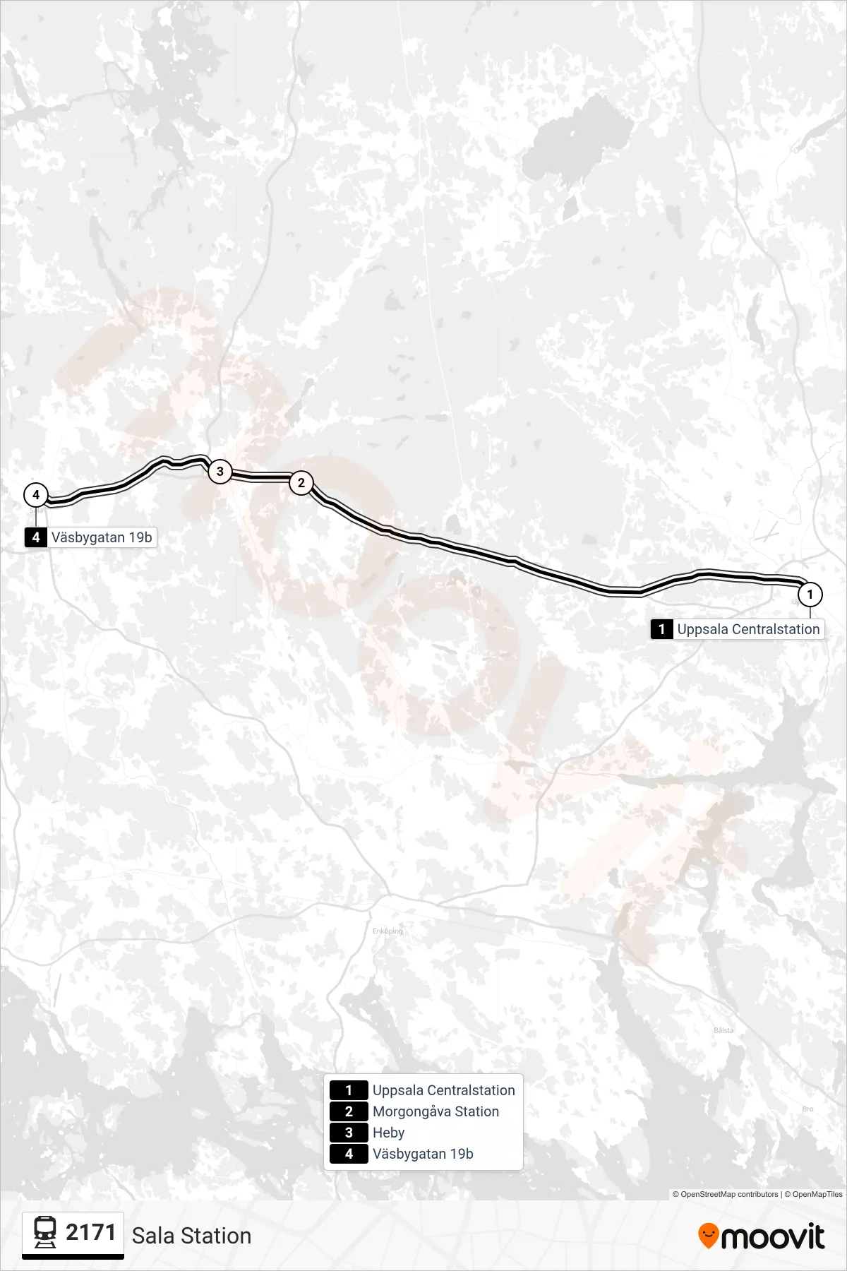 Rutt och hållplatser på karta för linje 2171 tåg, (Sala Station)