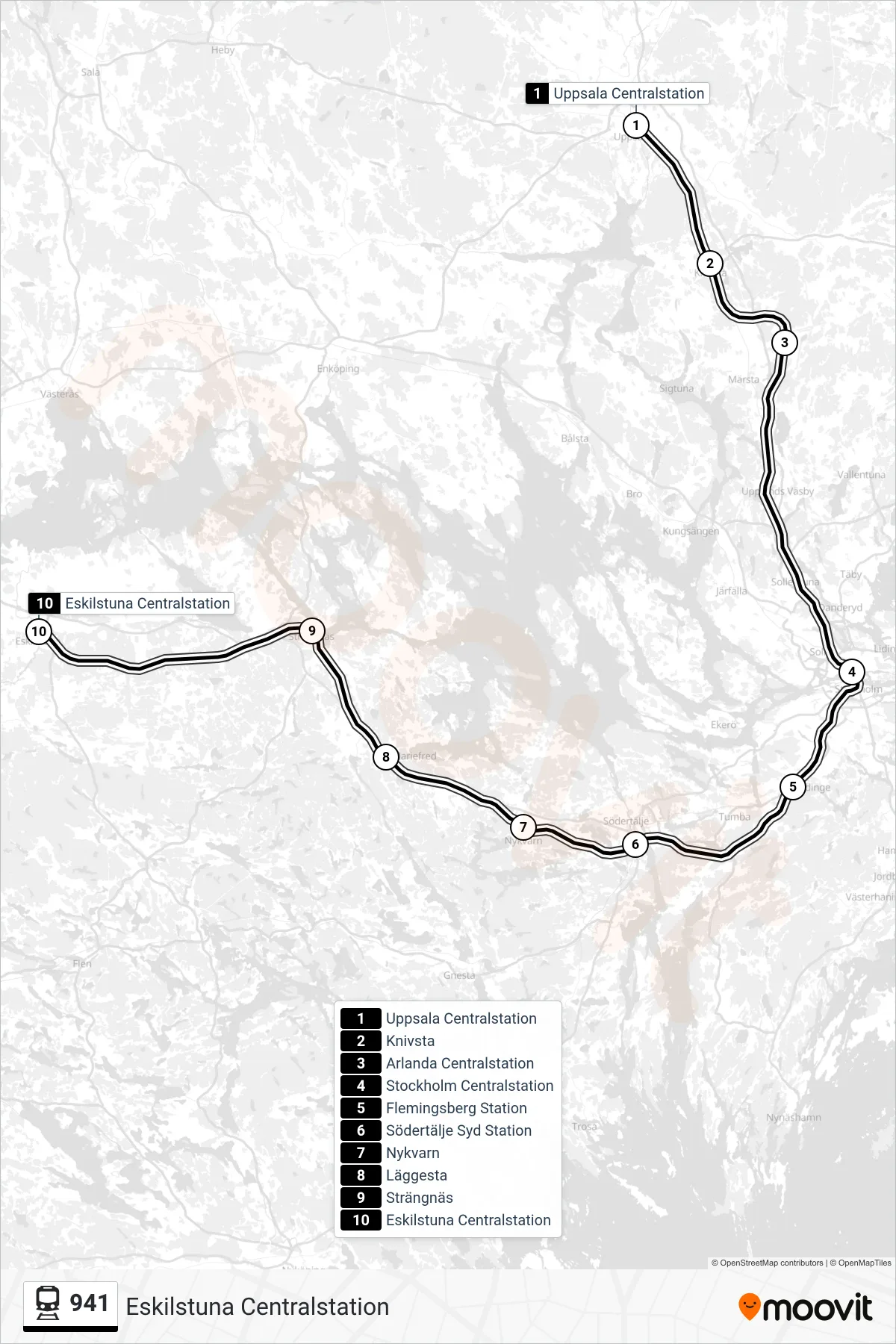 Rutt och hållplatser på karta för linje 941 tåg, (Eskilstuna Centralstation)