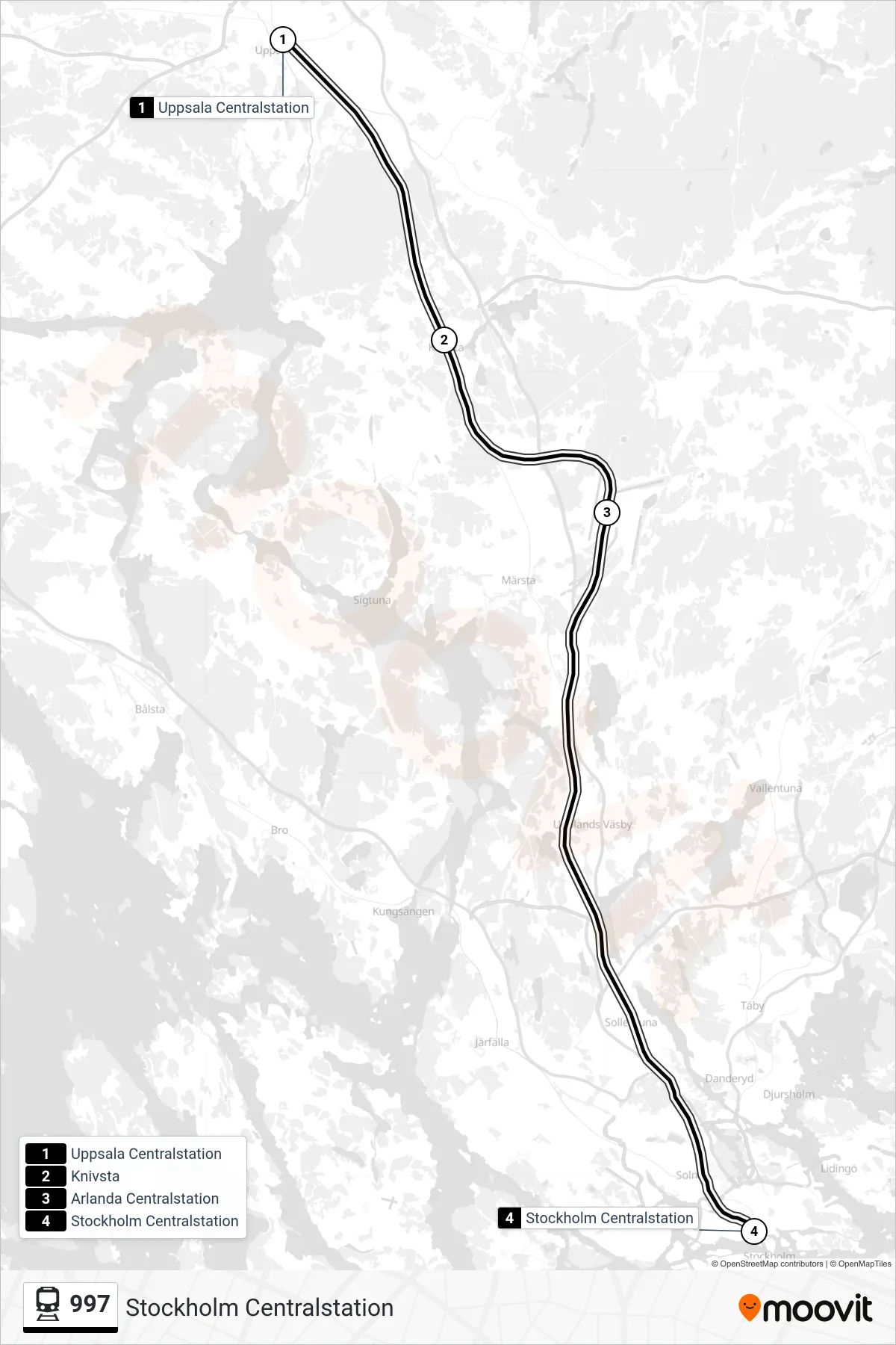 Rutt och hållplatser på karta för linje 997  tåg, (Stockholm Centralstation)