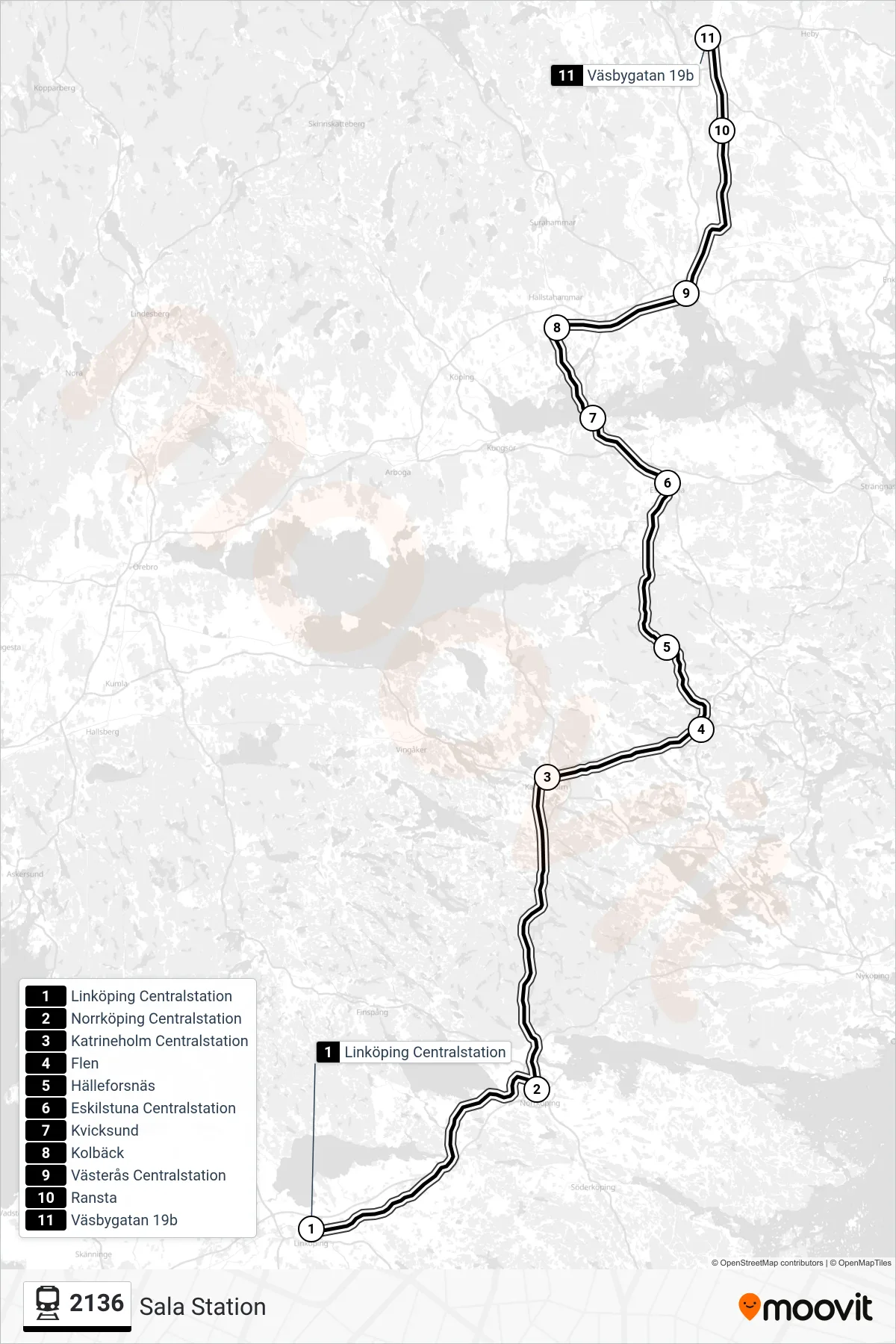 Rutt och hållplatser på karta för linje 2136 järnväg, (Sala Station)