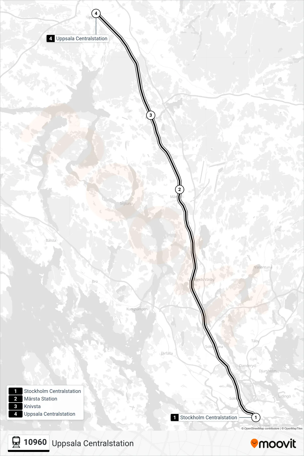 Rutt och hållplatser på karta för linje 10960 tåg, (Uppsala Centralstation)