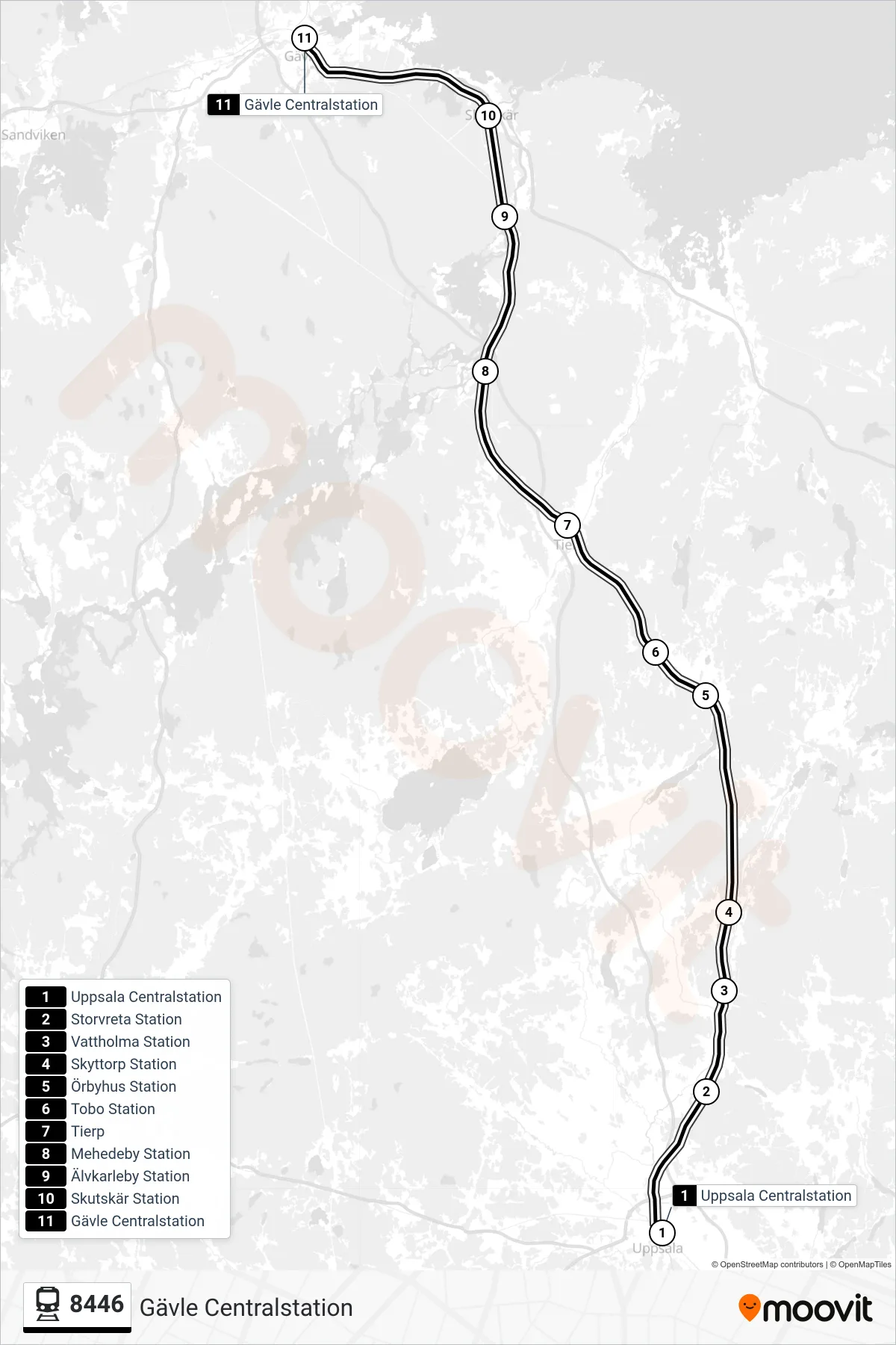 Rutt och hållplatser på karta för linje 8446  tåg, (Gävle Centralstation)
