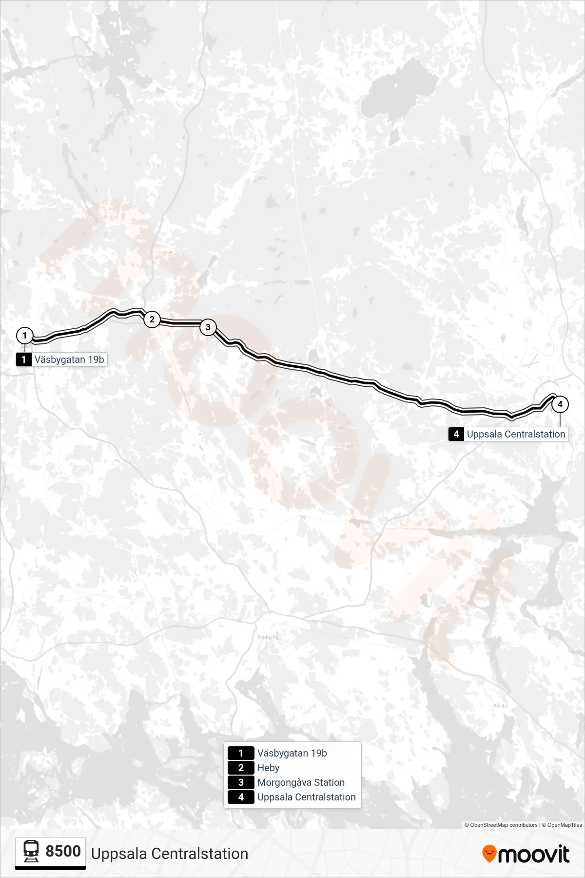 Rutt och hållplatser på karta för linje 8500 tåg, (Uppsala Centralstation)