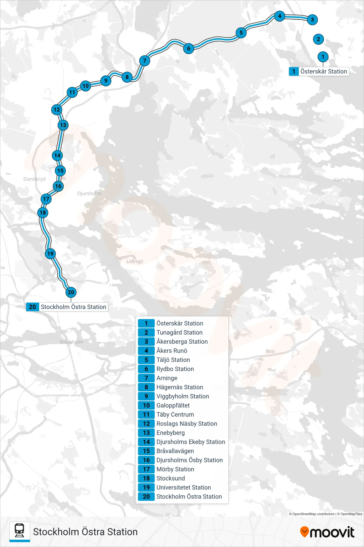 Rutt och hållplatser på karta för linje 28 tåg, (Stockholm Östra Station)