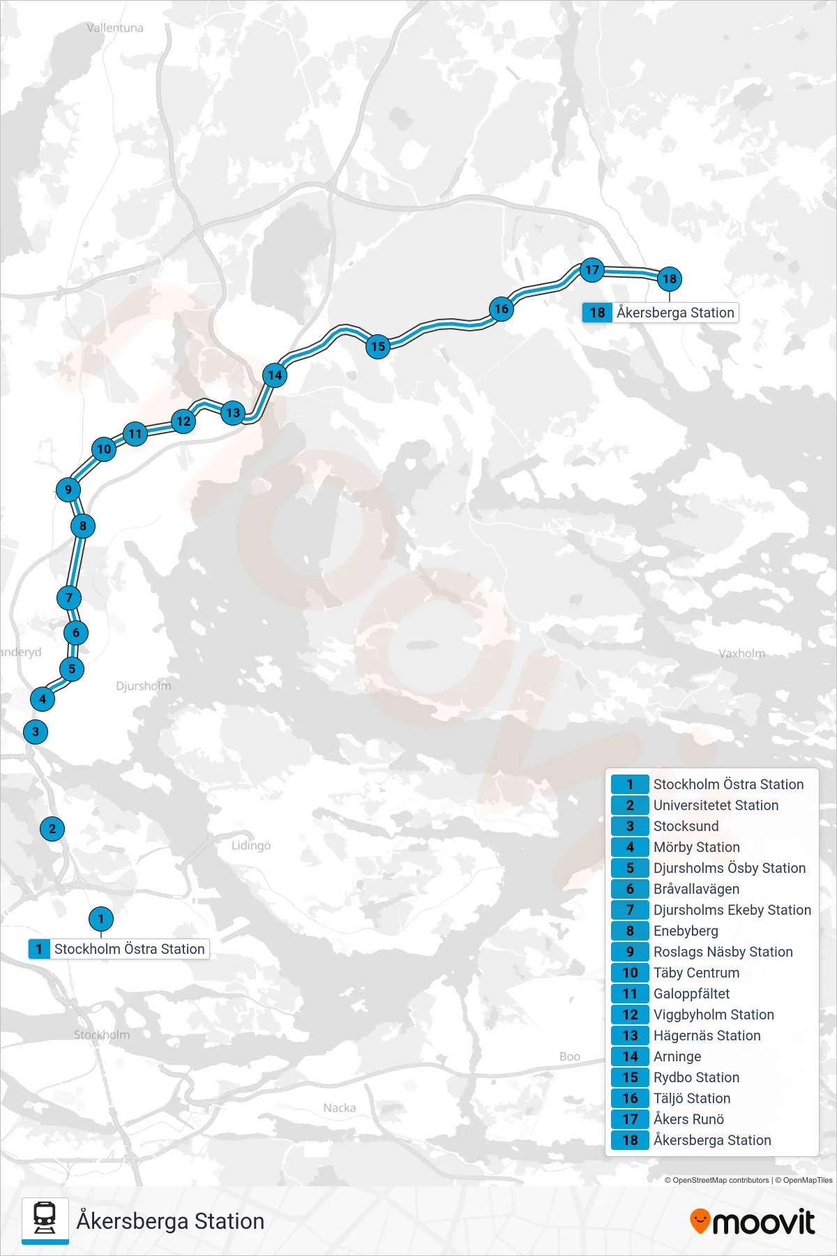 Rutt och hållplatser på karta för linje 28 tåg, (Åkersberga Station)