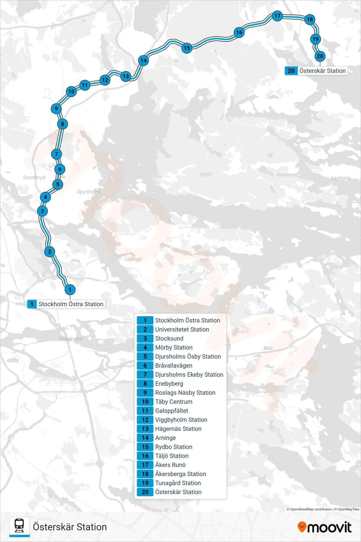 Rutt och hållplatser på karta för linje 28 tåg, (Österskär Station)