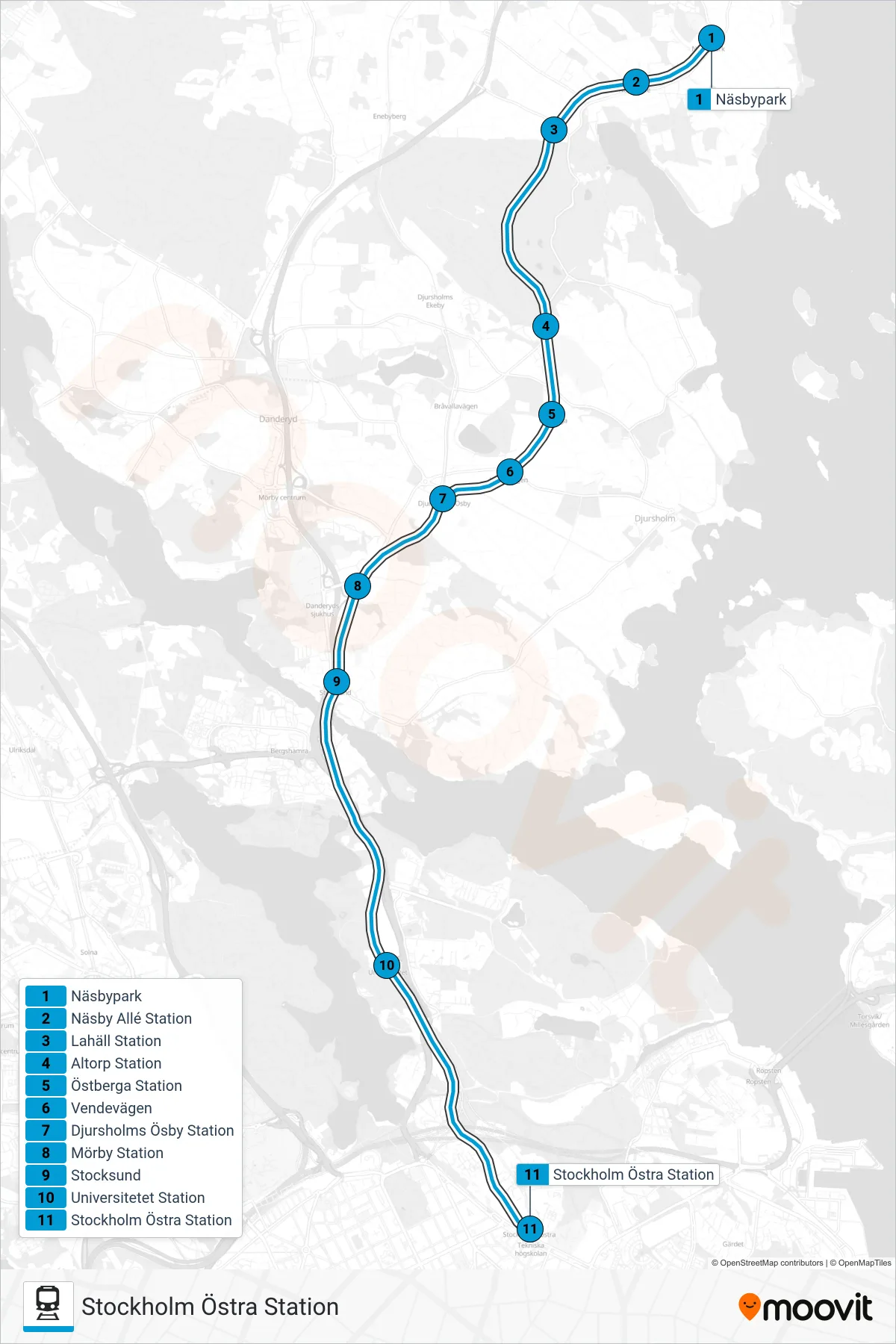 Rutt och hållplatser på karta för linje 29 tåg, (Stockholm Östra Station)