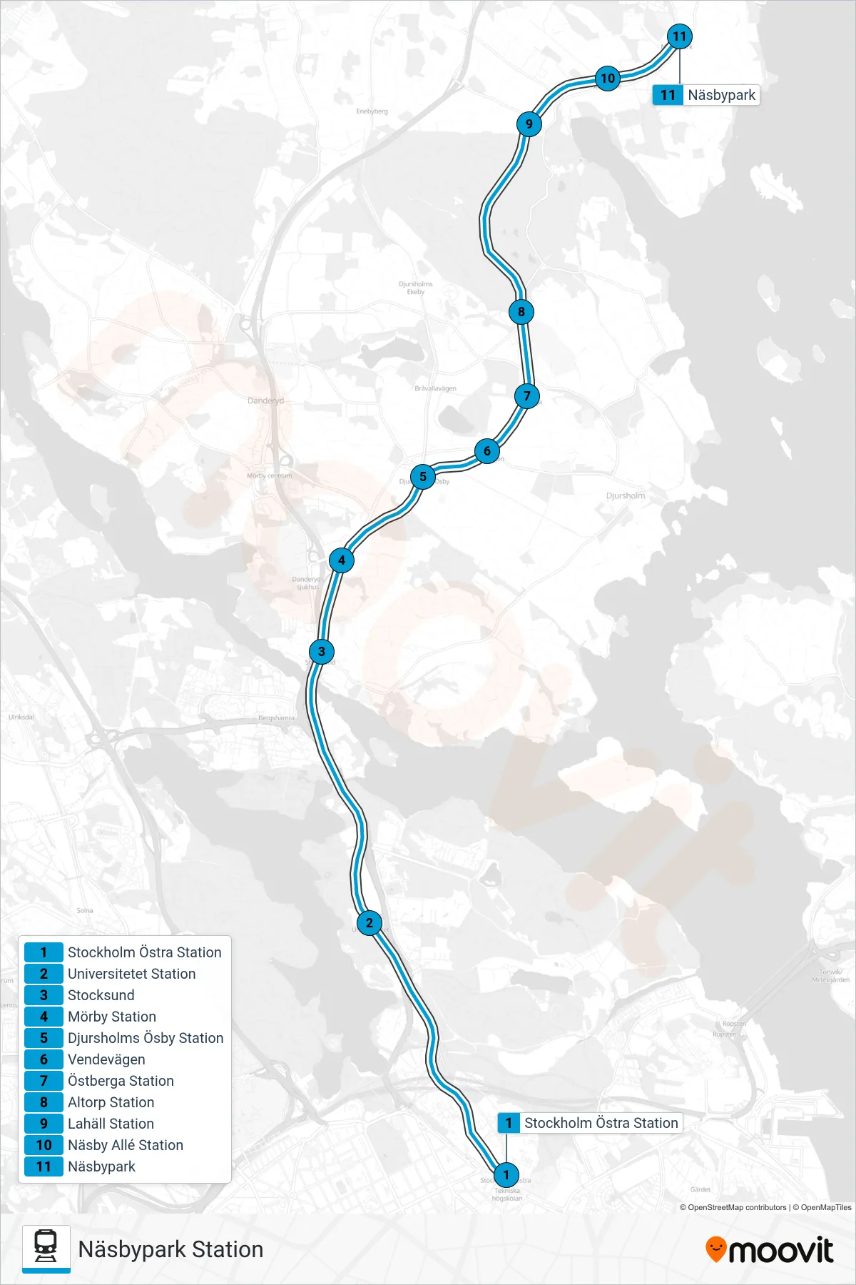 Rutt och hållplatser på karta för linje 29 tåg, (Näsbypark Station)