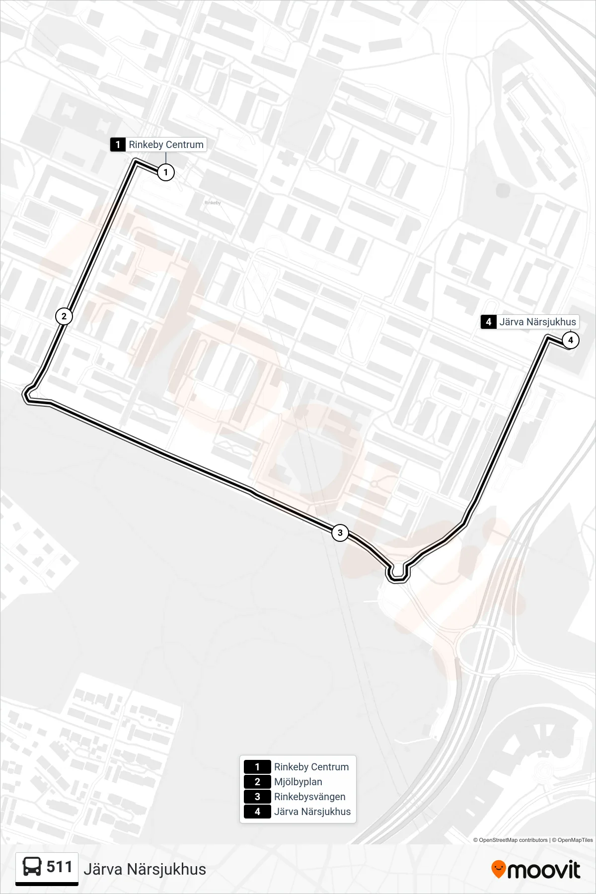 Rutt och hållplatser på karta för linje 511 buss, (Järva Närsjukhus)
