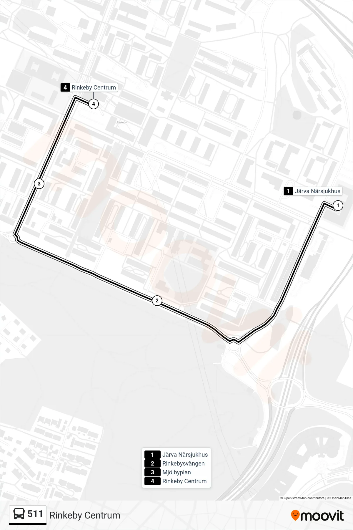 Rutt och hållplatser på karta för linje 511  buss, (Rinkeby Centrum)