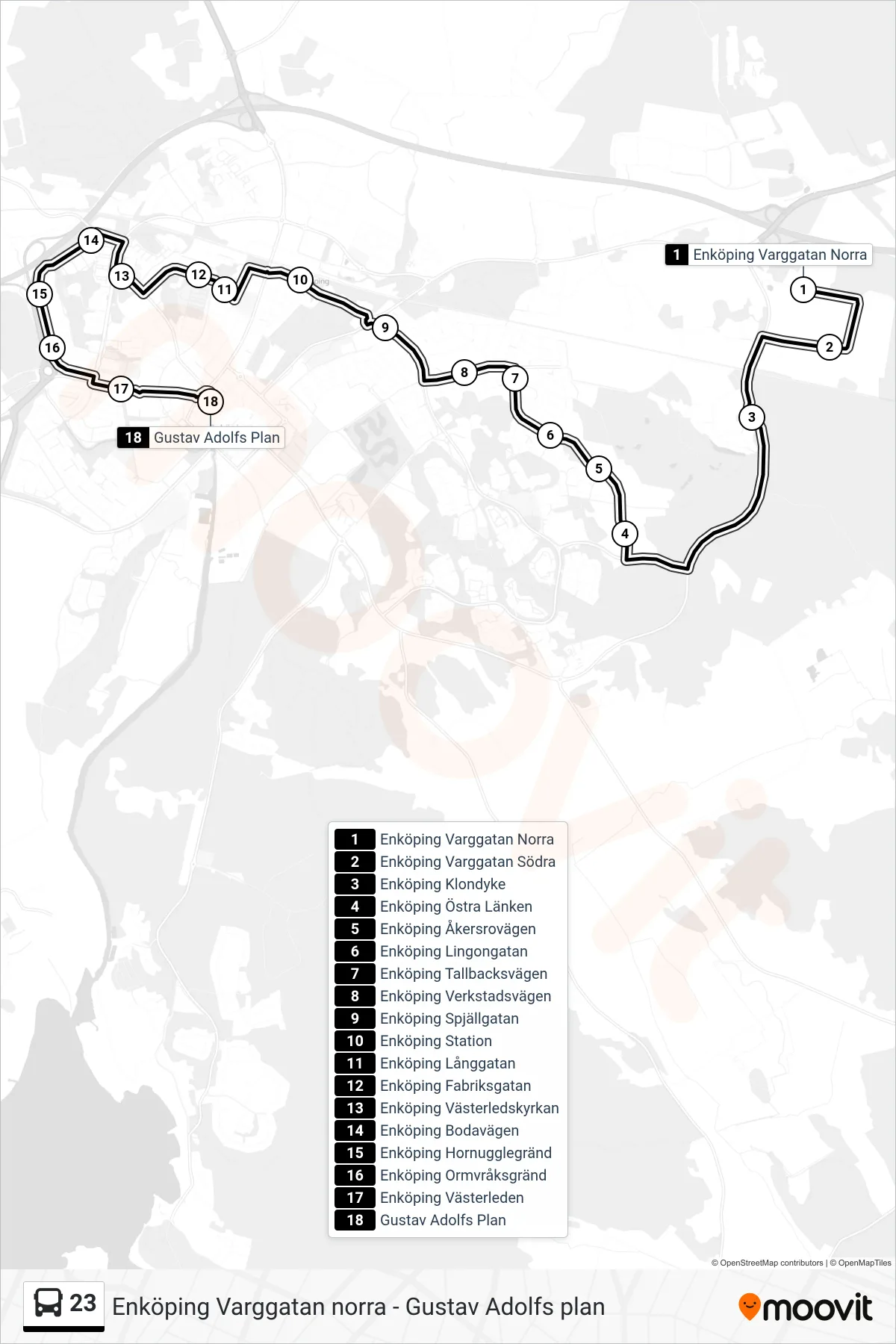 Rutt och hållplatser på karta för linje 23 buss, (Gustav Adolfs Plan)