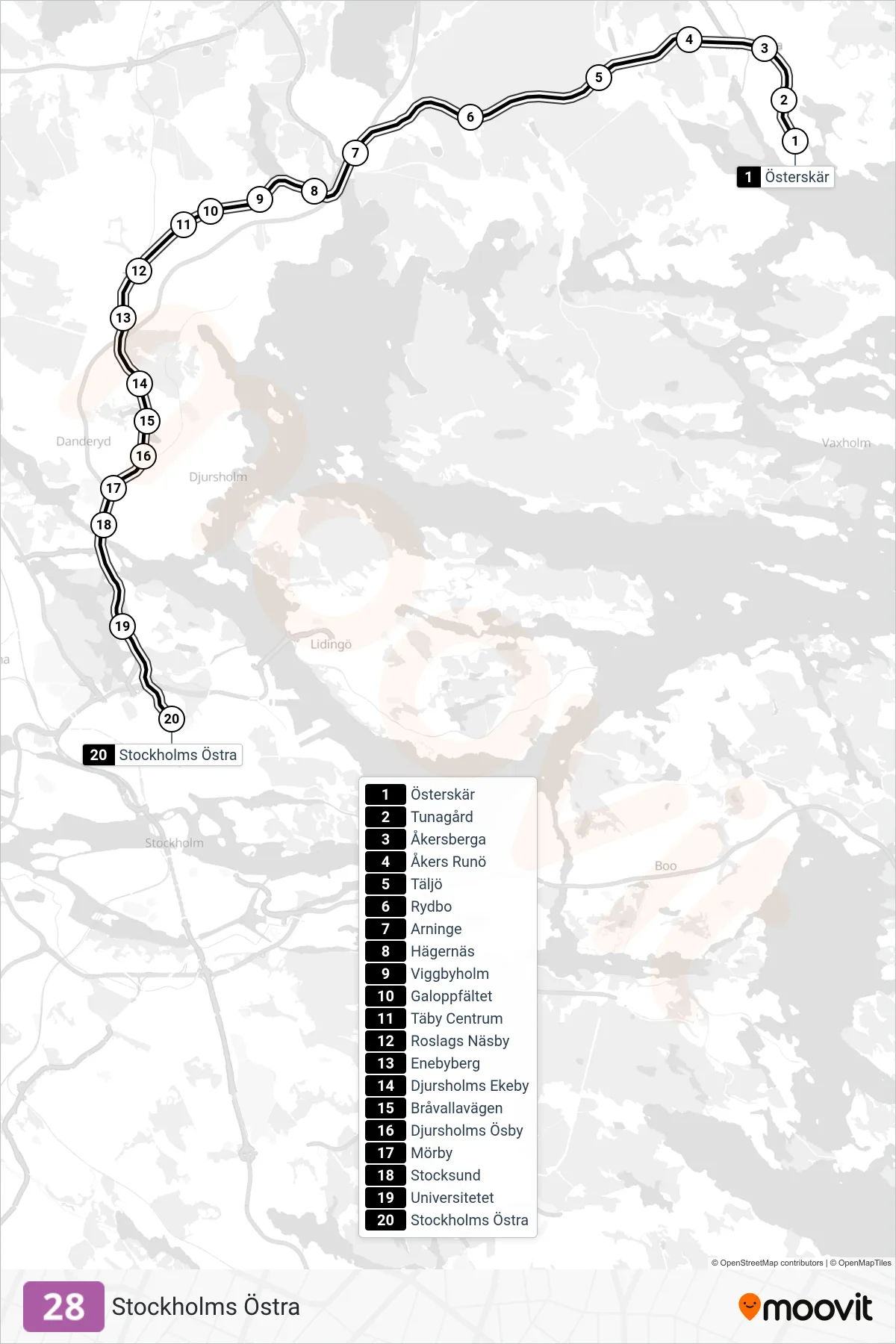 Rutt och hållplatser på karta för linje 28 spårväg, (Stockholms Östra)