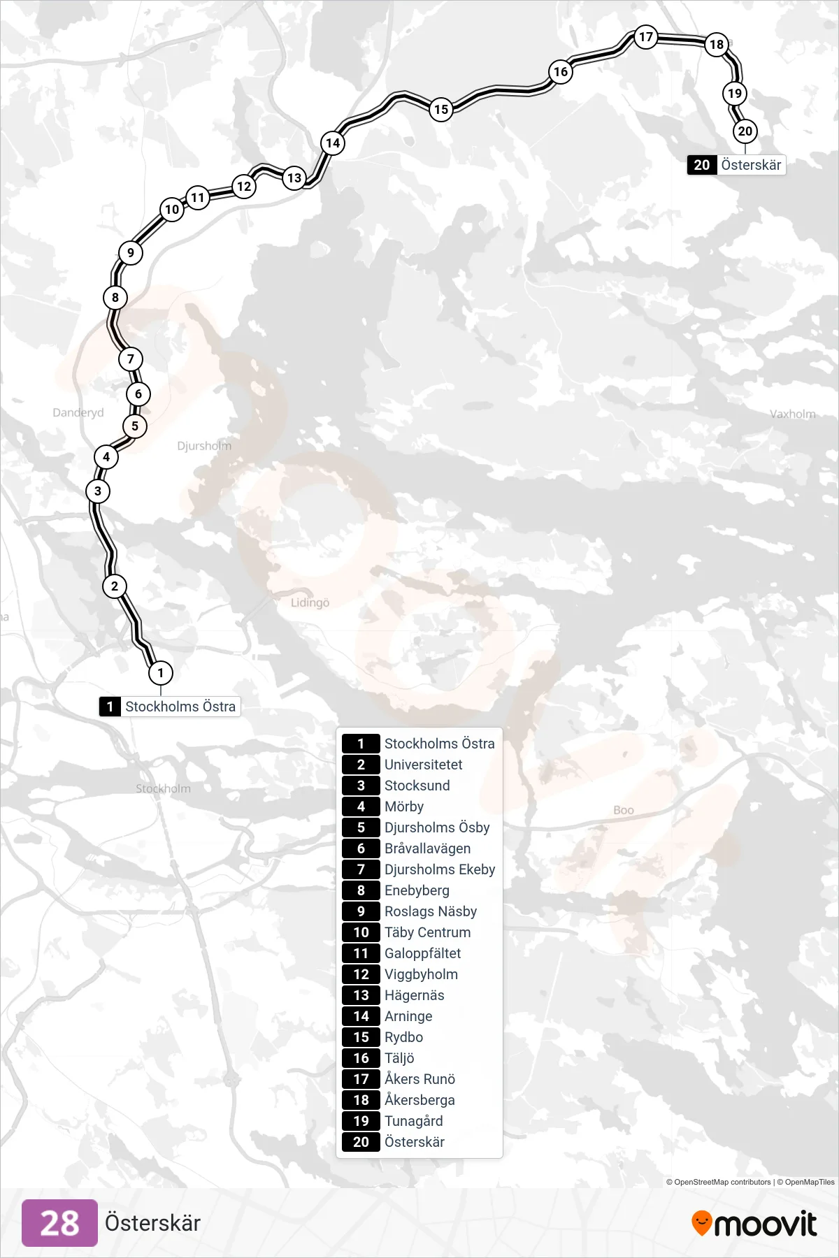 Rutt och hållplatser på karta för linje 28  spårväg, (Österskär)