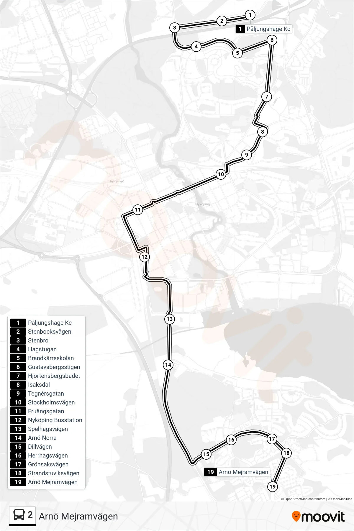 Rutt och hållplatser på karta för linje 2  buss, (Arnö Mejramvägen)