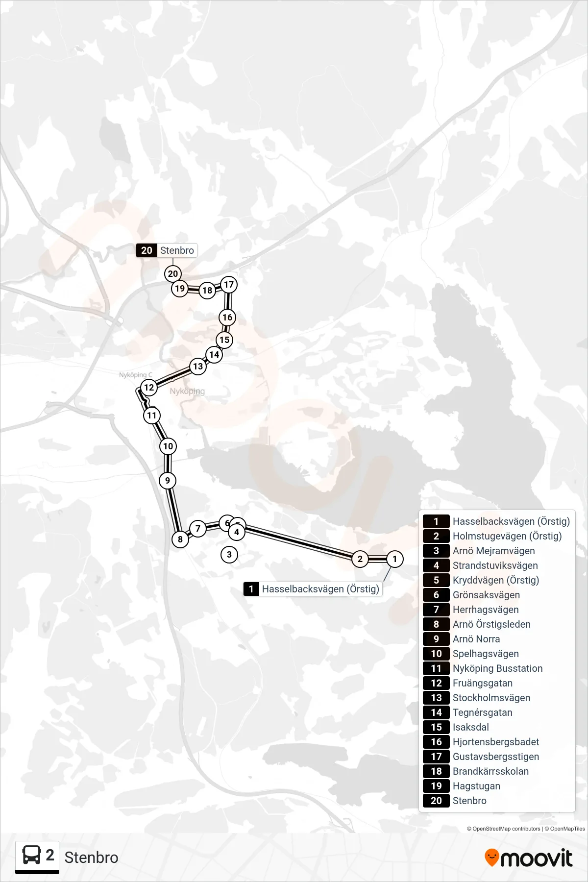 Rutt och hållplatser på karta för linje 2 buss, (Stenbro)