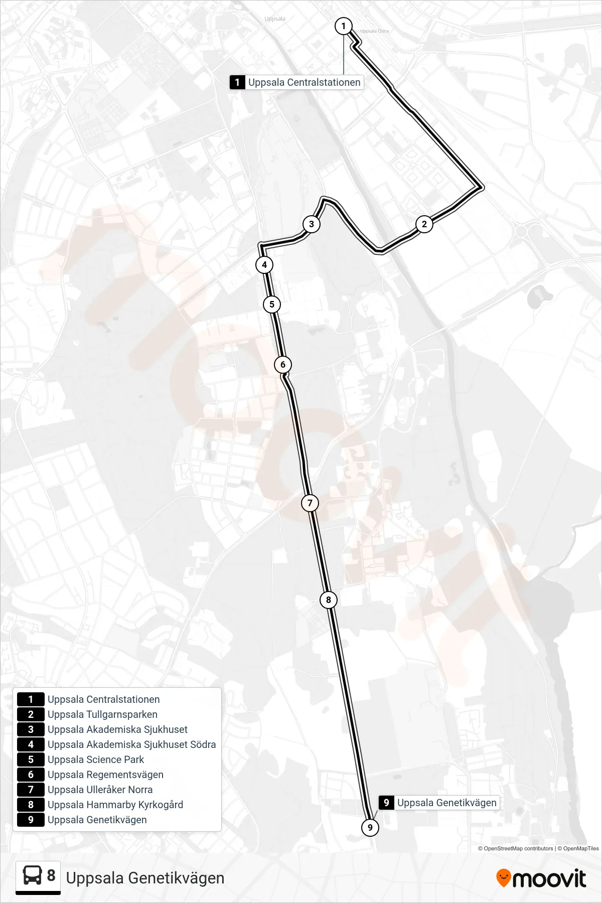 Rutt och hållplatser på karta för linje 8  buss, (Uppsala Genetikvägen)