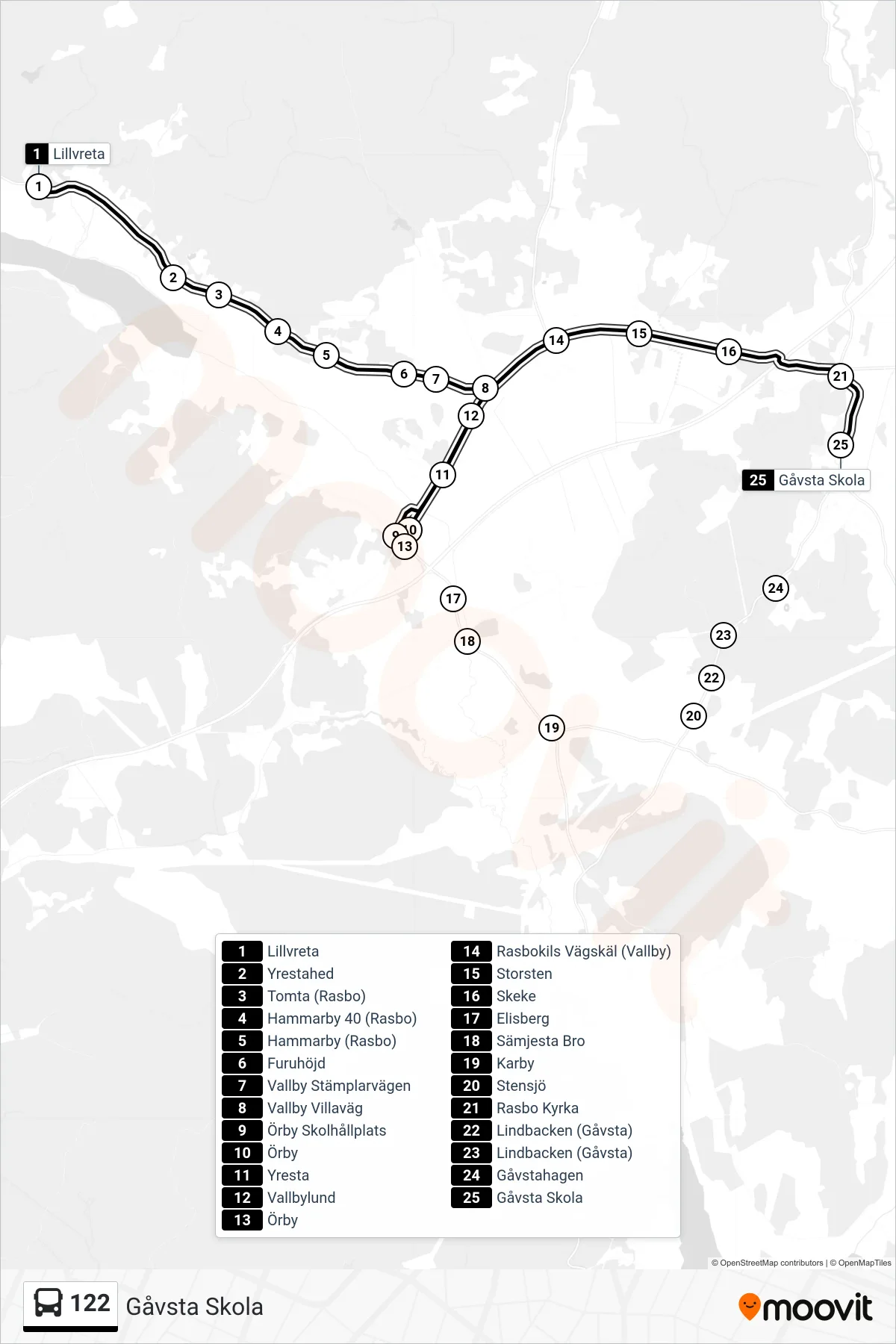 Rutt och hållplatser på karta för linje 122 buss, (Gåvsta Skola)