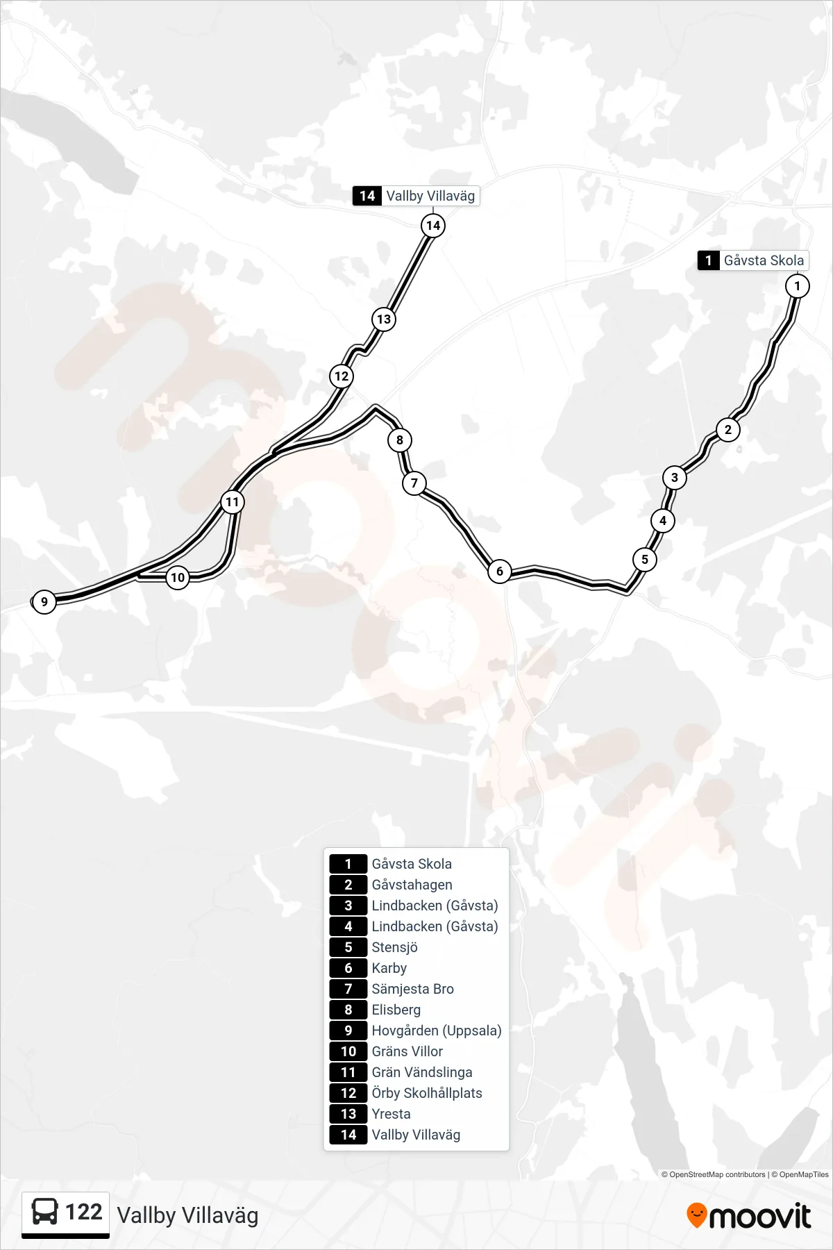 Rutt och hållplatser på karta för linje 122  buss, (Vallby Villaväg)