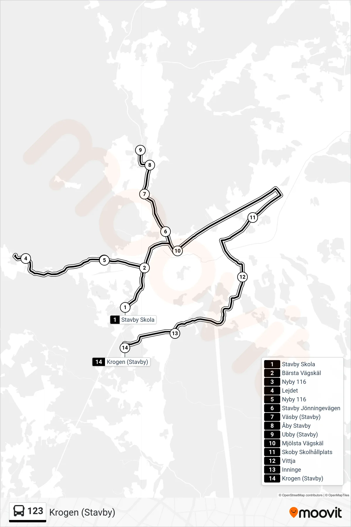 Rutt och hållplatser på karta för linje 123  buss, (Krogen (Stavby))
