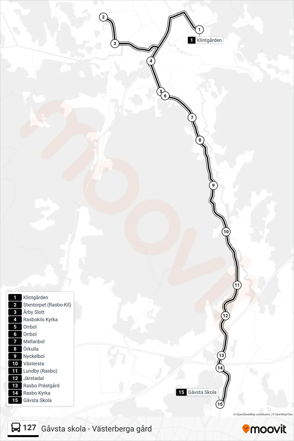 Rutt och hållplatser på karta för linje 127 buss, (Gåvsta Skola)