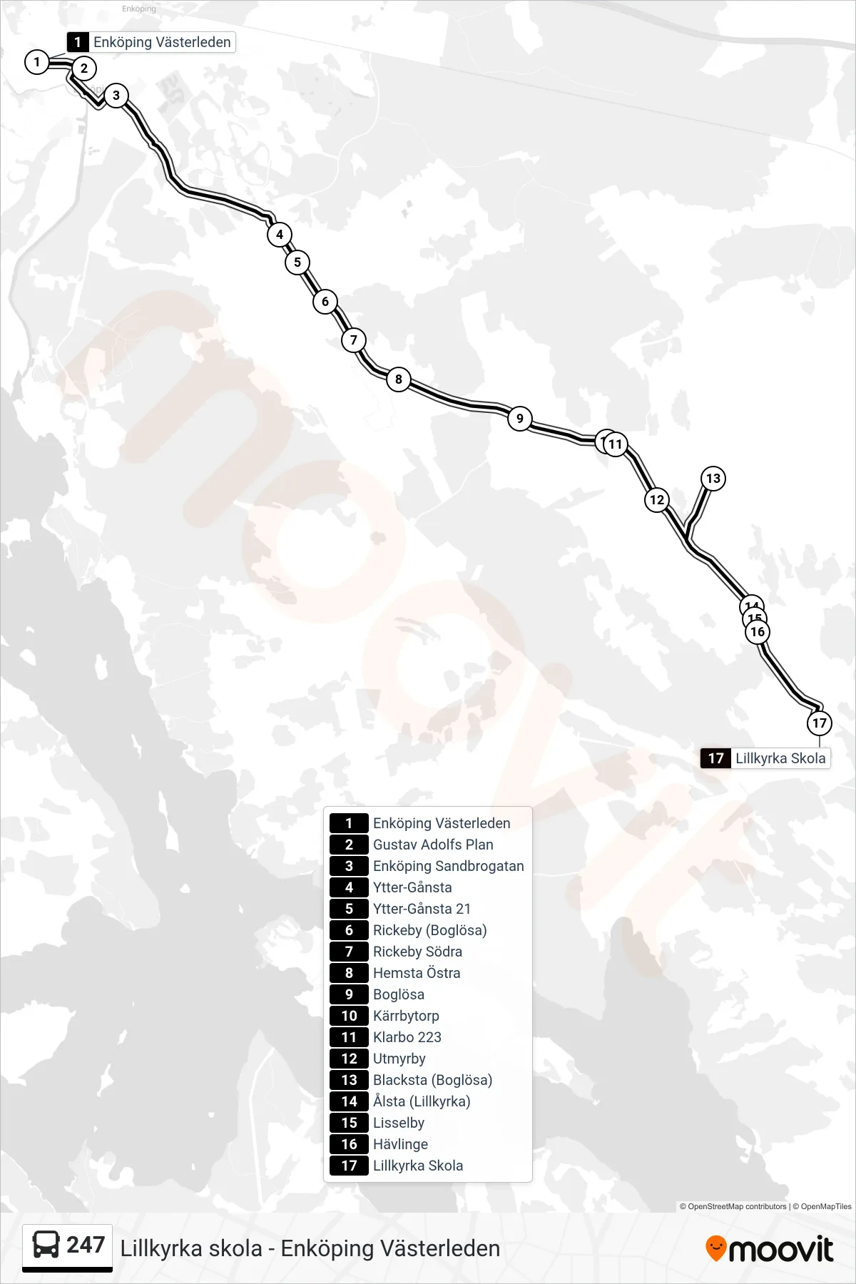 Rutt och hållplatser på karta för linje 247 buss, (Lillkyrka Skola)