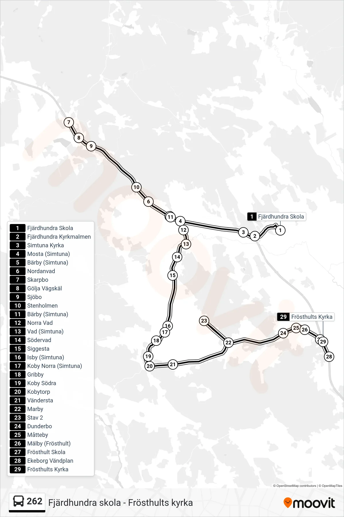 Rutt och hållplatser på karta för linje 262  buss, (Frösthults Kyrka)