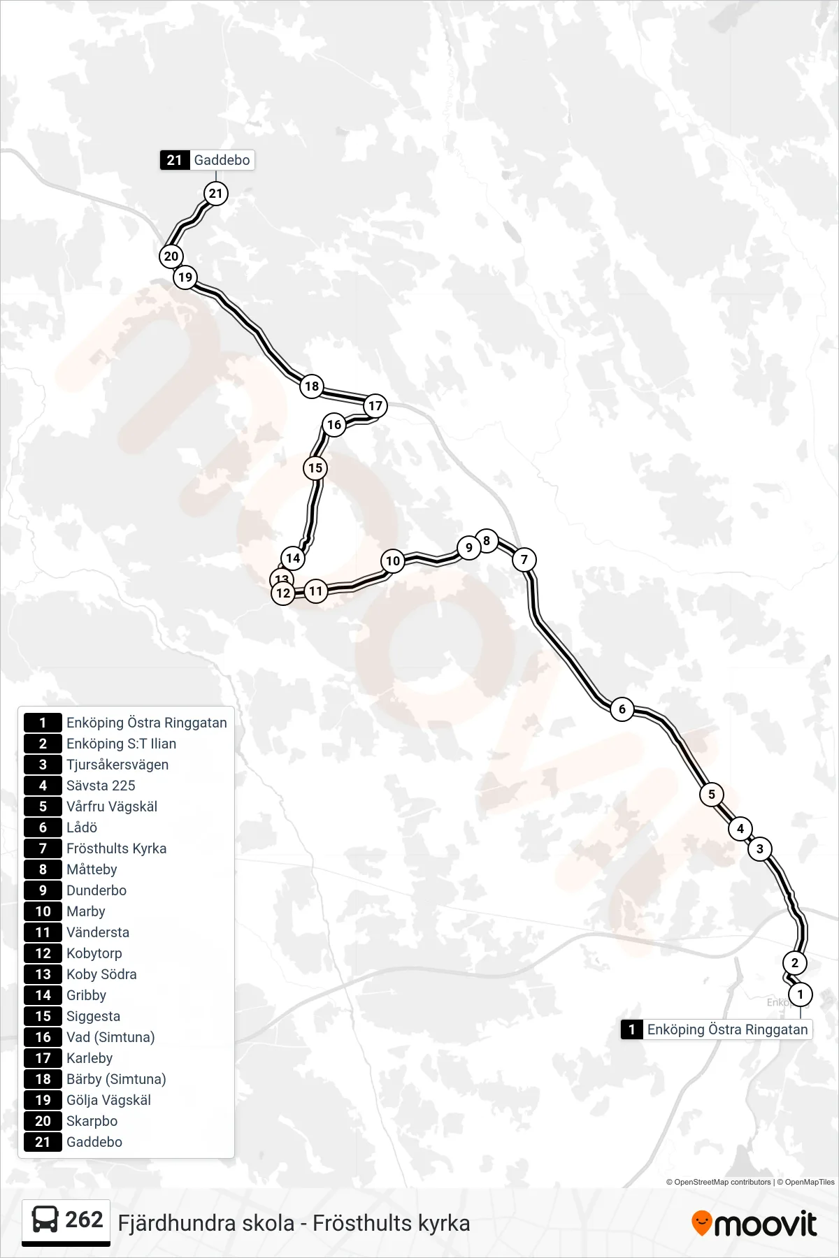 Rutt och hållplatser på karta för linje 262 buss, (Gaddebo)