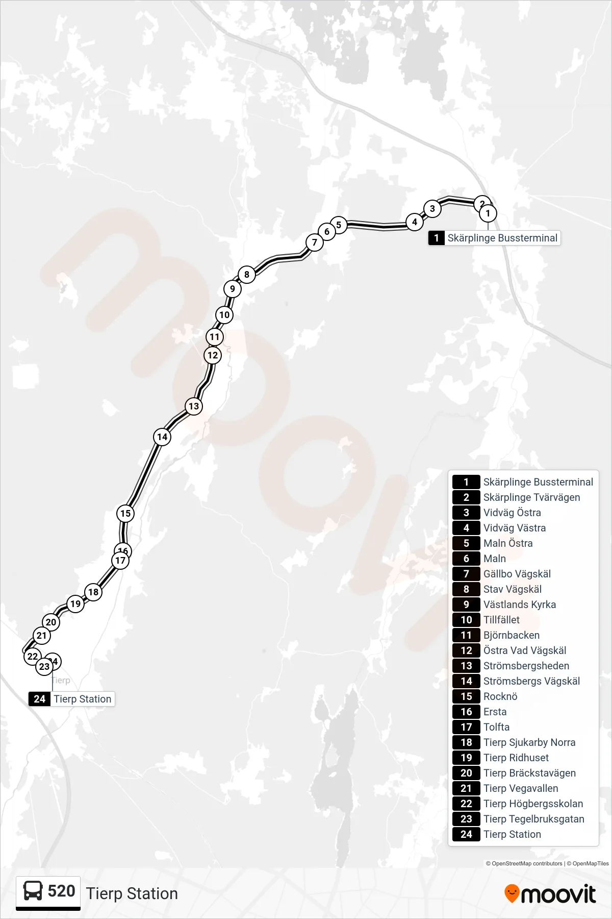 Rutt och hållplatser på karta för linje 520 buss, (Tierp Station)