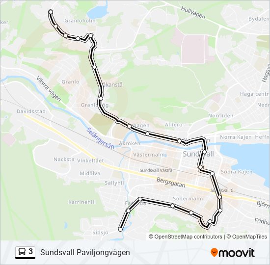 3 Rutt: Tidtabeller, Hållplatser & Kartor - Sundsvall Paviljongvägen  (Uppdaterat)