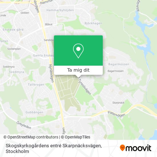Skogskyrkogårdens entré Skarpnäcksvägen karta