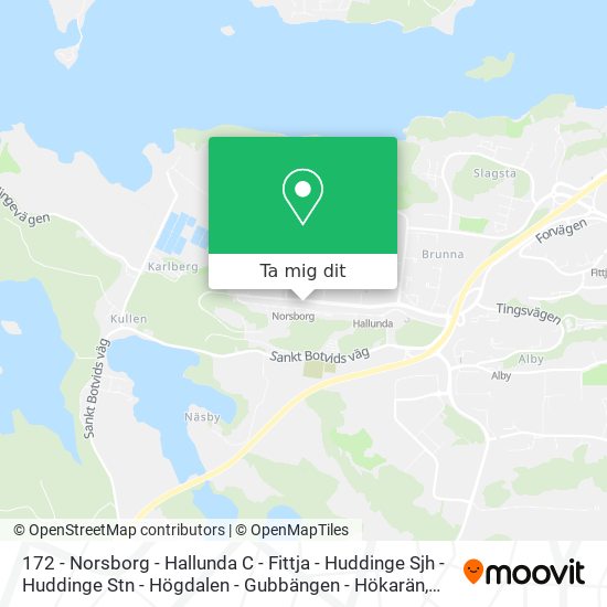 172 - Norsborg - Hallunda C - Fittja - Huddinge Sjh - Huddinge Stn - Högdalen - Gubbängen - Hökarän karta