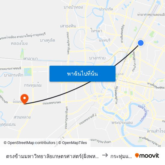 ตรงข้ามมหาวิทยาลัยเกษตรศาสตร์(ฝั่งพหลโยธิน) to กระทุ่มแบน map