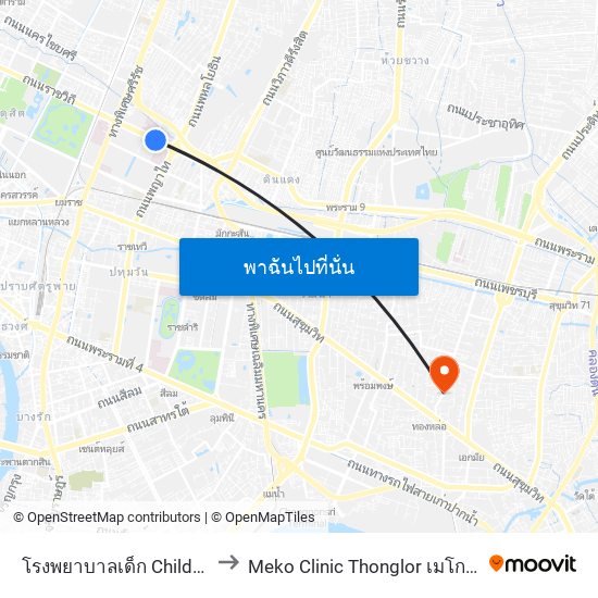 โรงพยาบาลเด็ก Children's Hospital to Meko Clinic Thonglor เมโกะ สาขา ทองหล่อ map