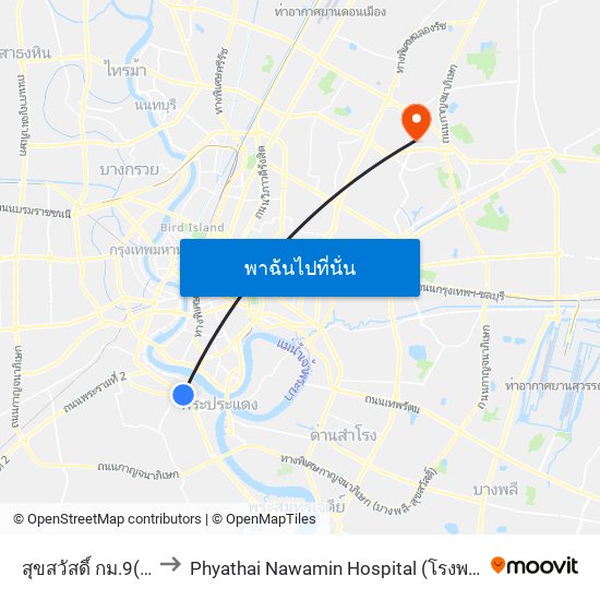 สุขสวัสดิ์ กม.9(ลงทางด่วน) to Phyathai Nawamin Hospital (โรงพยาบาลพญาไท นวมินทร์) map