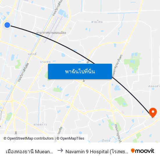 เมืองทองธานี Mueang Thong Thani to Navamin 9 Hospital (โรงพยาบาลนวมินทร์ 9) map