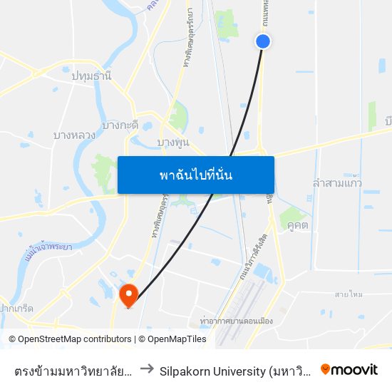 ตรงข้ามมหาวิทยาลัยกรุงเทพรังสิต to Silpakorn University (มหาวิทยาลัยศิลปากร) map