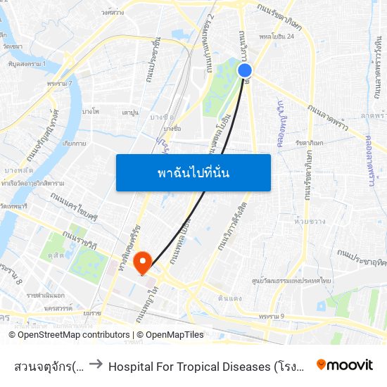 สวนจตุจักร(ฝั่งวิภาวดี) to Hospital For Tropical Diseases (โรงพยาบาลเวชศาสตร์เขตร้อน) map