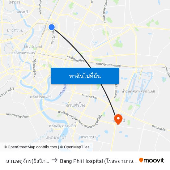 สวนจตุจักร(ฝั่งวิภาวดี) to Bang Phli Hospital (โรงพยาบาลบางพลี) map