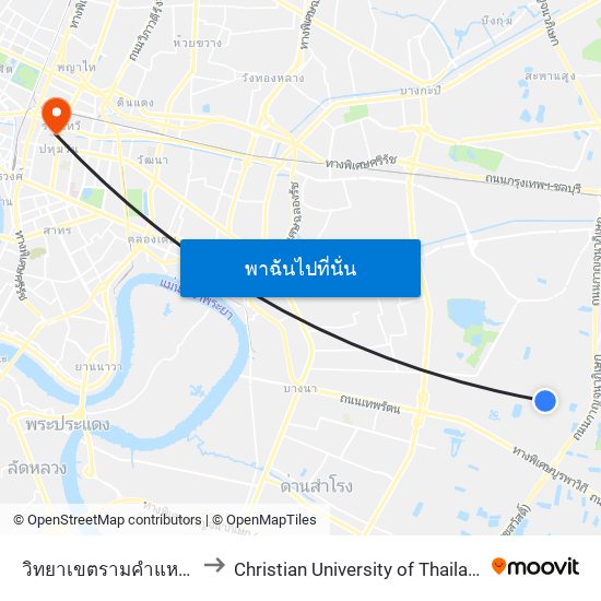 วิทยาเขตรามคำแหง(ม.รามฯ ประตูที่ 1) to Christian University of Thailand (มหาวิทยาลัยคริสเตียน) map