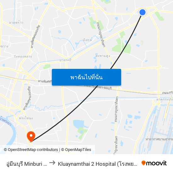 อู่มีนบุรี Minburi Bus Depot to Kluaynamthai 2 Hospital (โรงพยาบาลกล้วยน้ำไทย 2) map