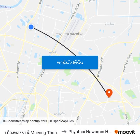 เมืองทองธานี Mueang Thong Thani to Phyathai Nawamin Hospital map