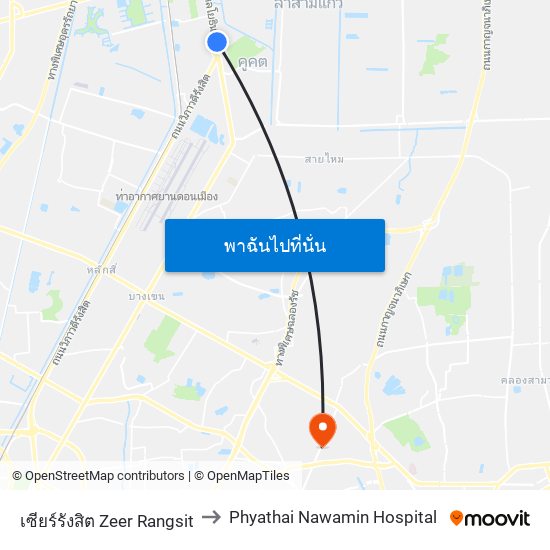 เซียร์รังสิต Zeer Rangsit to Phyathai Nawamin Hospital map