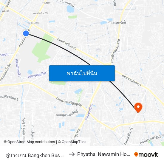 อู่บางเขน Bangkhen Bus Depot to Phyathai Nawamin Hospital map