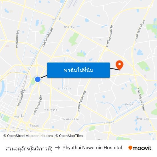 สวนจตุจักร(ฝั่งวิภาวดี) to Phyathai Nawamin Hospital map