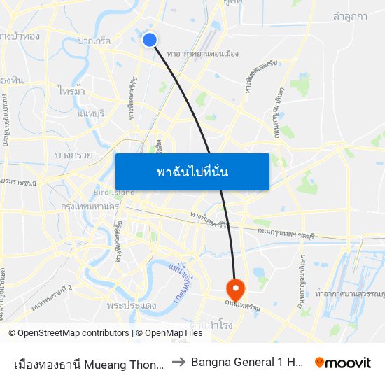 เมืองทองธานี Mueang Thong Thani to Bangna General 1 Hospital map