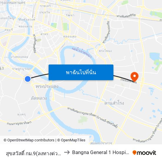 สุขสวัสดิ์ กม.9(ลงทางด่วน) to Bangna General 1 Hospital map