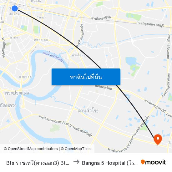 Bts ราชเทวี(ทางออก3) Bts Ratchathewi (Exit 3) to Bangna 5 Hospital (โรงพยาบาลบางนา 5) map