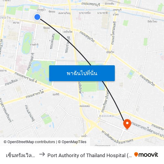 เซ็นทรัลเวิลด์ Central World to Port Authority of Thailand Hospital (โรงพยาบาลการท่าเรือแห่งประเทศไทย) map